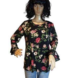 Karl Lagerfeld Paris Black Floral Long Bell Sleeves Blouse Top Shirt Medium EUC